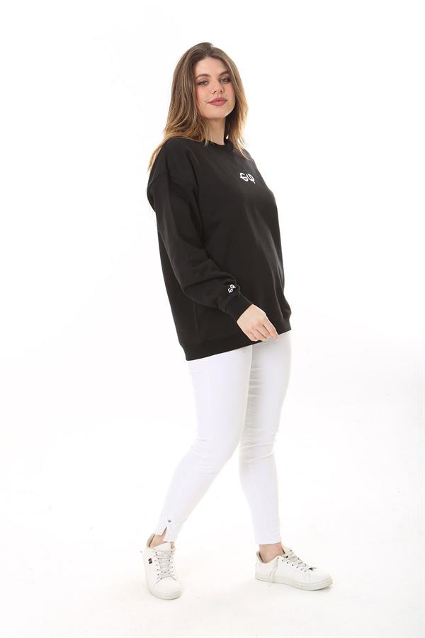 Kadın Büyük Beden Siyah Pamuk Kumaş Arka Baskılı Sweatshirt 65N37618
