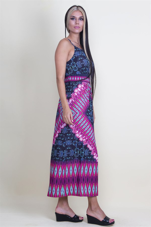 KADIN RENKLİ YAKA DETAYLI ASKILI ELBİSE