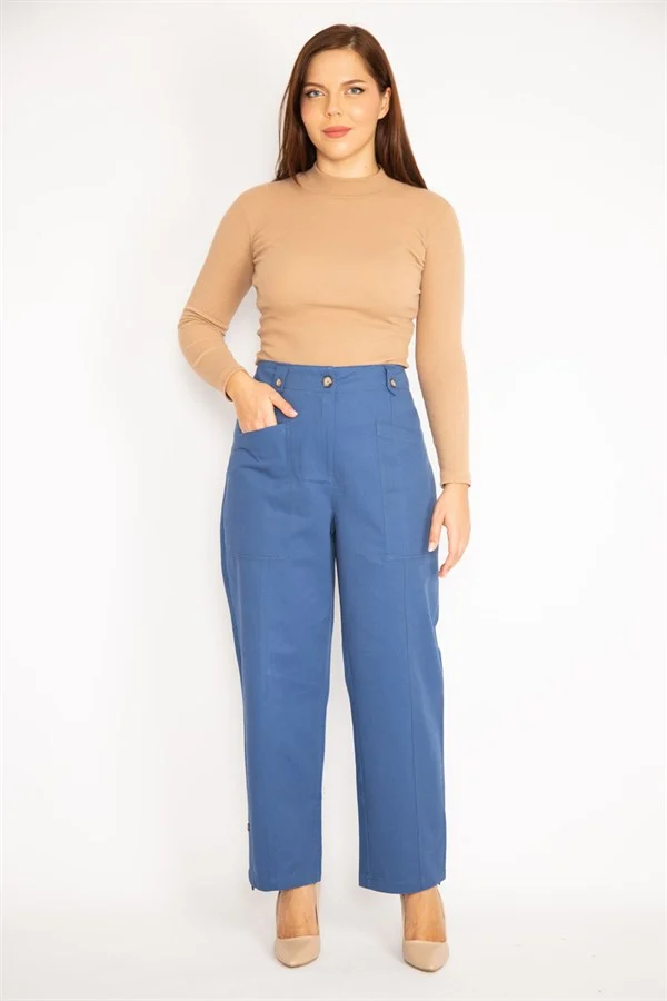 Kadın İndigo Ön Cepli Paçası Düğme İle Duble Paça Boy Ayarlı Gabardin Kumaş Pantolon 65N34888