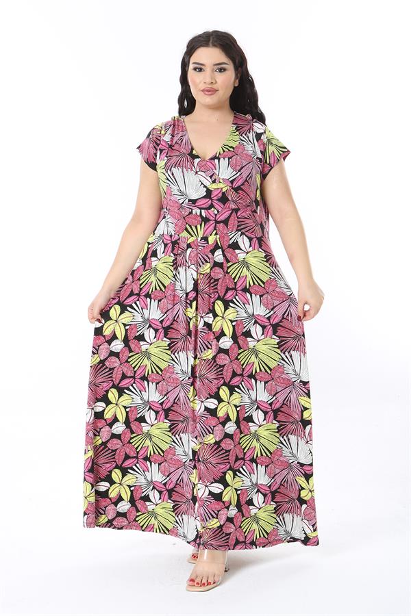 Kadın Büyük Beden Renkli Anvelop Yakalı Uzun Elbise 65N38584