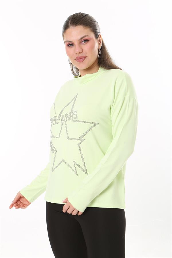 Kadın Büyük Beden Yeşil Sıfır Yaka Taş Detaylı Uzun Kollu Bluz 65N37708