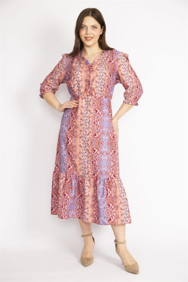 WOMEN'S COLORFUL COLLAR DRESS WITH FRILLED FRONT PLACE, ORNAMENTAL BUTTONS, WAIST AND ARM EMBROIDERY DETAILED