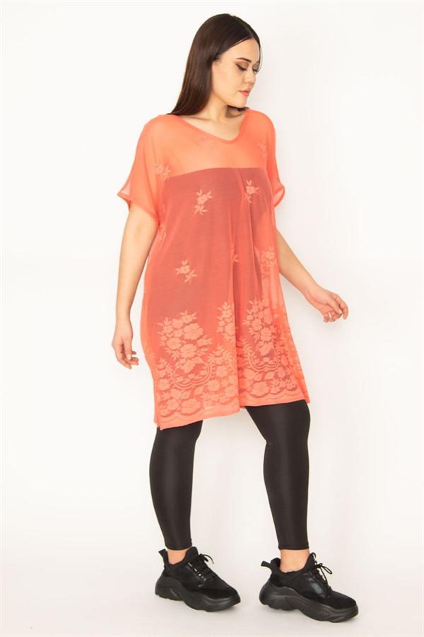 Kadın Büyük Beden Nar Astarsız Dantel Tül Tunik 65N37672