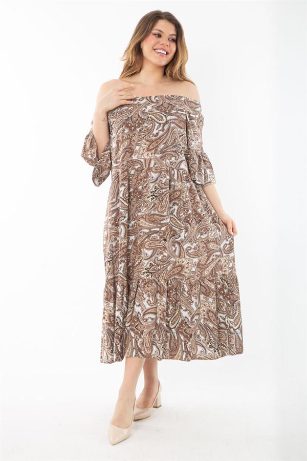 Kadın Büyük Beden Renkli Yaka Lastikli Dokuma Viskon Kumaş Katlı Elbise 65N37349