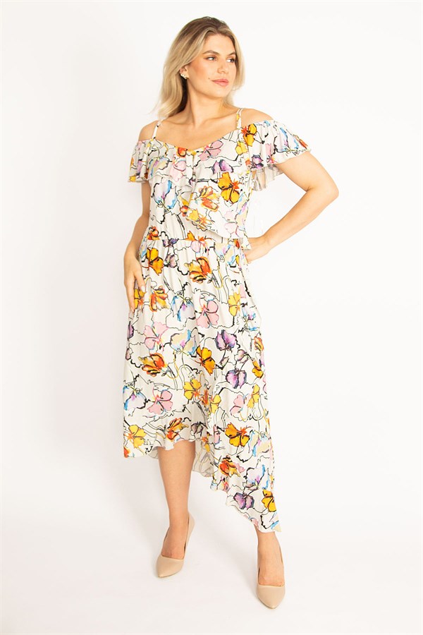 Kadın Renkli Yaka Lastikli Askı Ve Volan Detaylı Elbise 65N34441