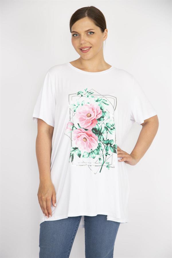 Kadın Beyaz Büyük Beden Rahat Kesim Bisiklet Yakalı Ön Baskılı Tunik