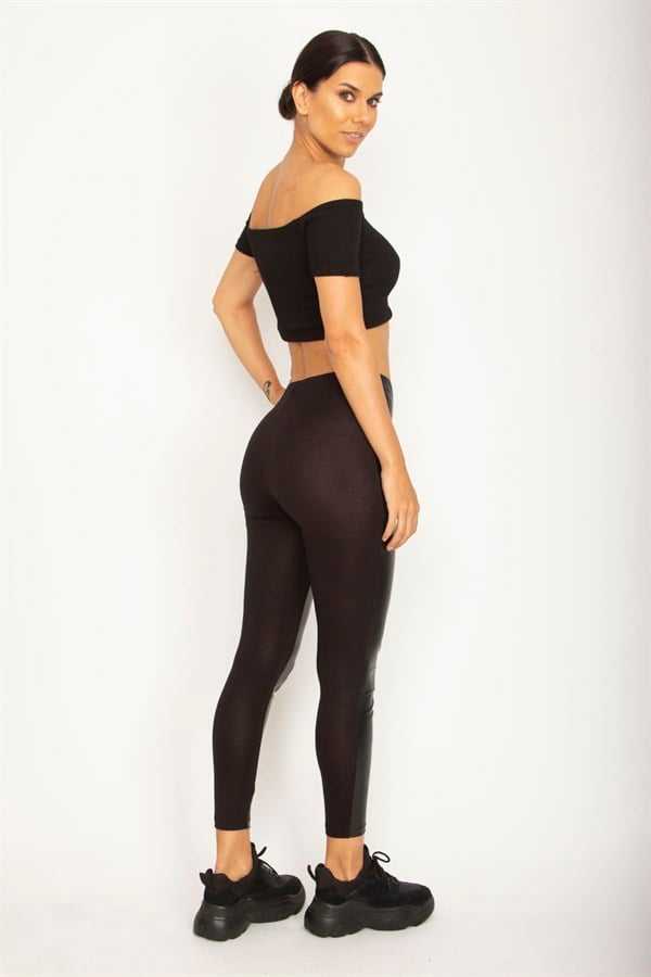 WOMEN'S BLACK FRONT ARTIFICIAL LEATHER COATING, BACK VISCOSE FABRIC LEGGINGS TROUSERS