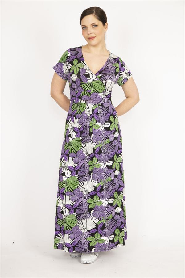 Kadın Mor Büyük Beden Anvelop Yakalı Renkli Uzun Elbise