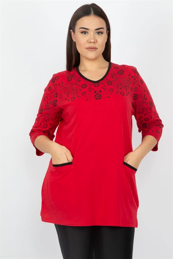 Kadın Kırmızı Pamuklu Kumaş Cep Detaylı Bluz 65N13707