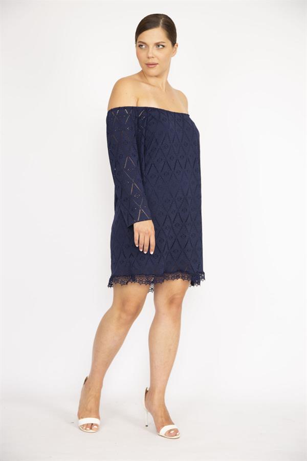 Kadın Büyük Beden Lacivert Delikiş Kumaş Yakası Lastikli Astarlı Tunik