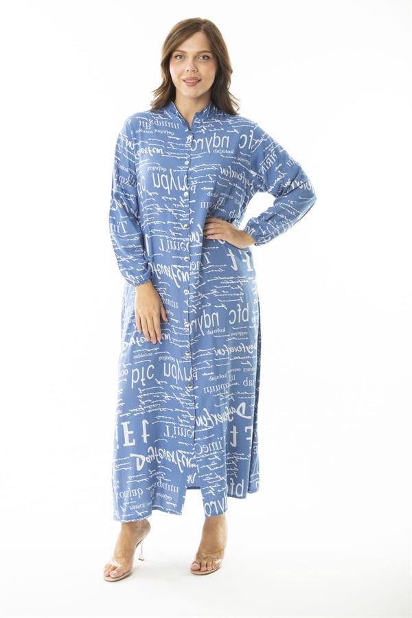 Kadın Büyük Beden Mavi Dokuma Viskon Kumaş Ön Boy Düğmeli Uzun Kollu Elbise 65N36872