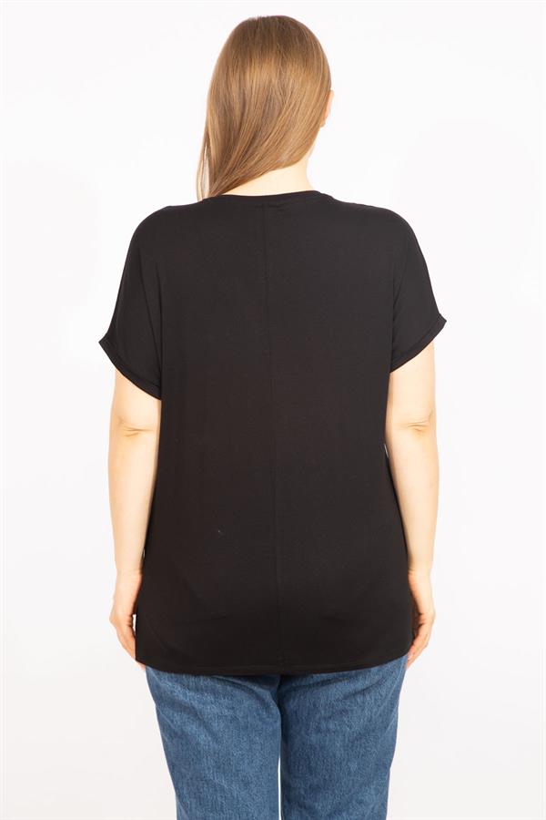 Kadın Mürdüm Büyük Beden Taş Detaylı Düşük Kol Bluz 65N35636