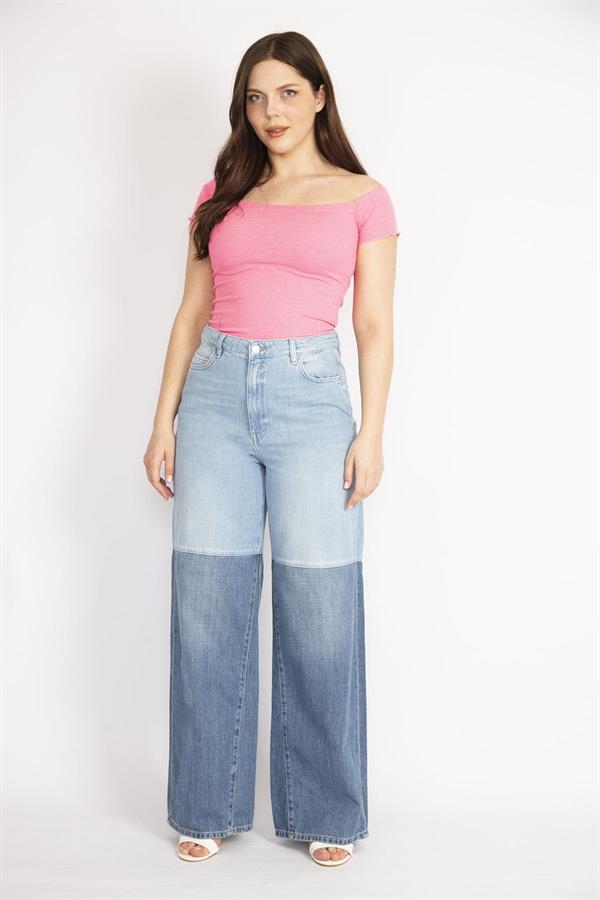 Kadın Mavi Büyük Beden Renk Detaylı Geniş Paça Kot Pantolon