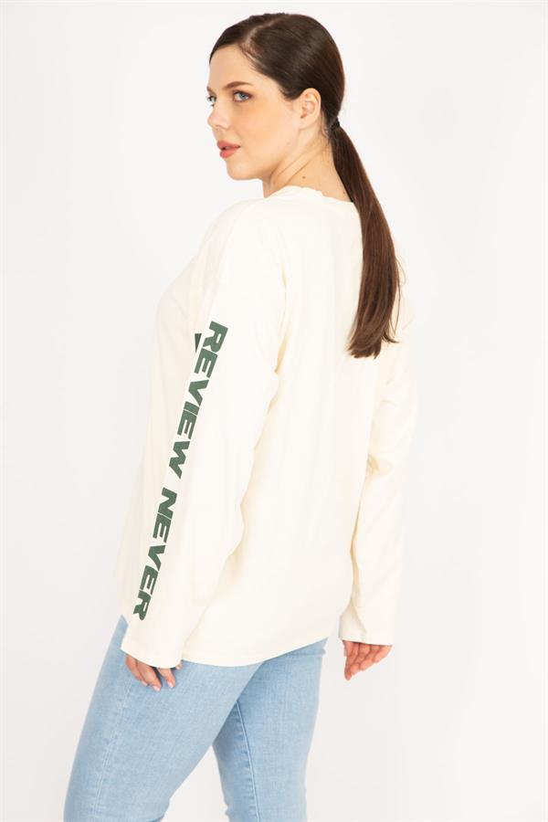 Kadın Bej Büyük Beden Kol Baskılı Sweatshirt
