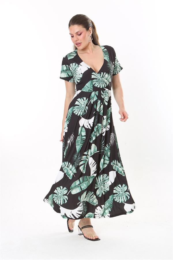 Kadın Büyük Beden Yeşil Anvelop Yakalı Uzun Elbise 65N37735