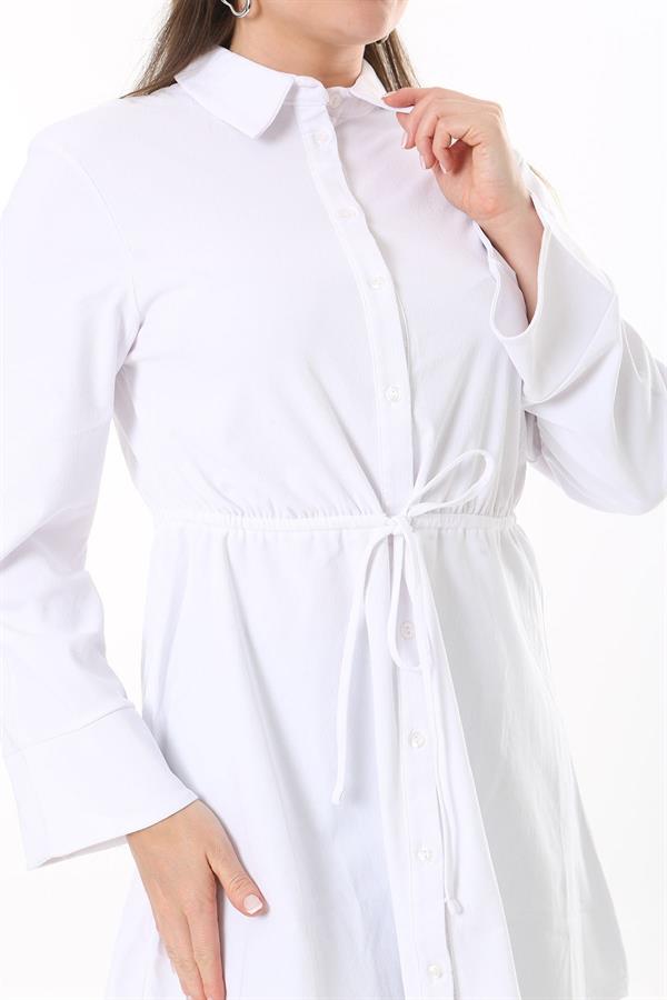 Kadın Büyük Beden Beyaz Ön Düğmeli Beli Tünel Bağcıklı Likralı Tunik Elbise 65N37700