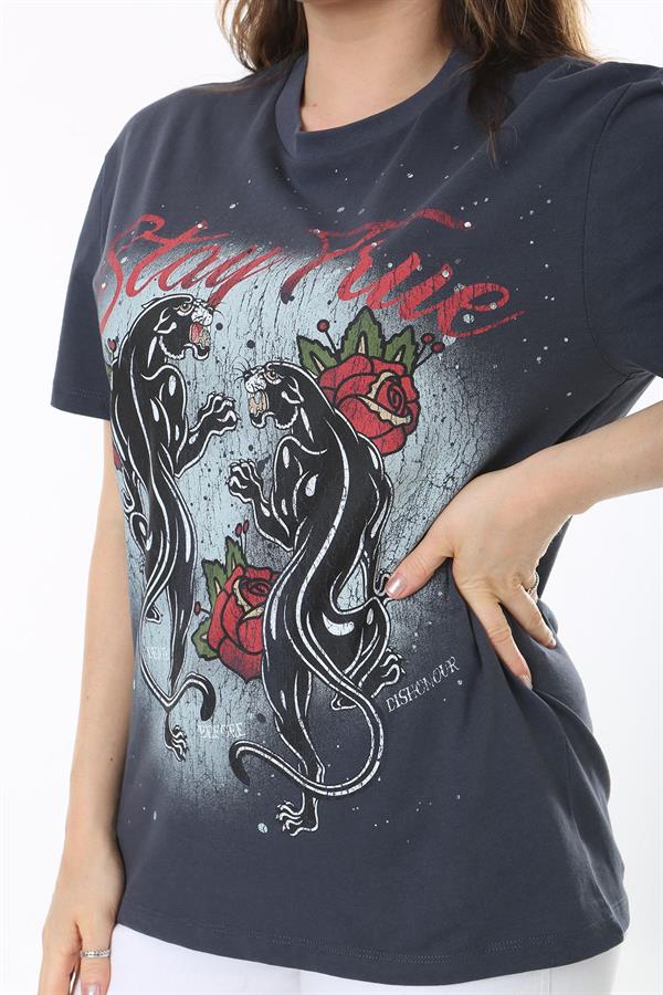 Kadın Büyük Beden Füme Pamuklu Kumaş Kısa Kollu Baskı Ve Taş Detaylı Bluz 65N38036