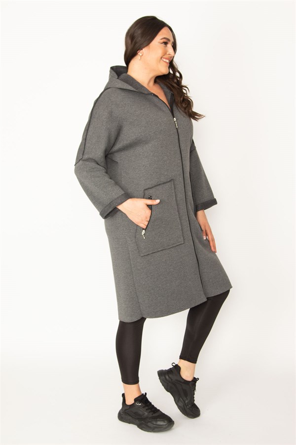 Kadın Füme Fermuar Ve Kapşon Detaylı Kaban 65N28345