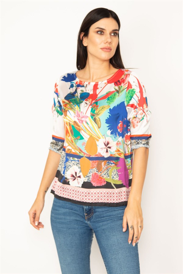 BLOUSE COLORÉE À COL RAS DU COU À MOTIF FLEURI POUR FEMME