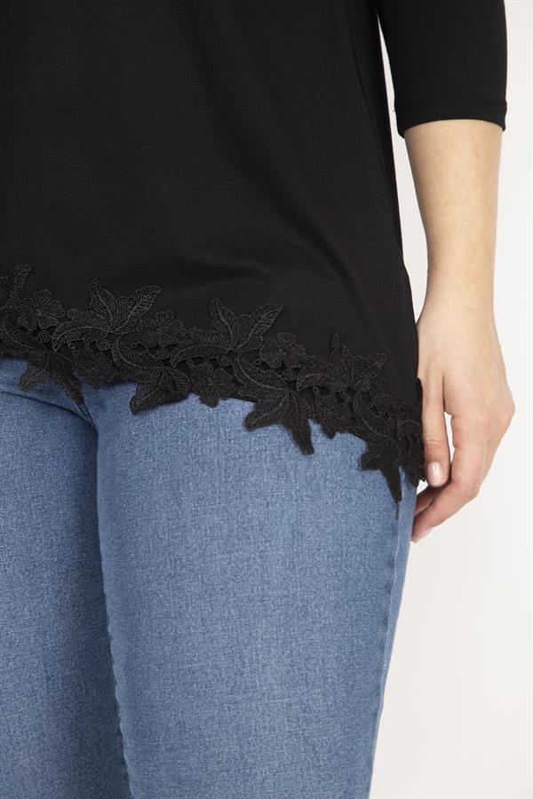 Kadın Siyah Büyük Beden Tek Omuz Dekolteli Etek Ucu Dantel Bluz