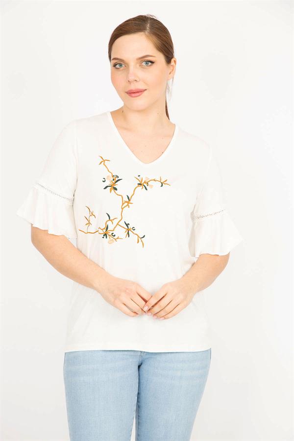 Kadın Kemik Büyük Beden Önü Nakış Ve Kolları Dantel Detaylı V Yaka Bluz