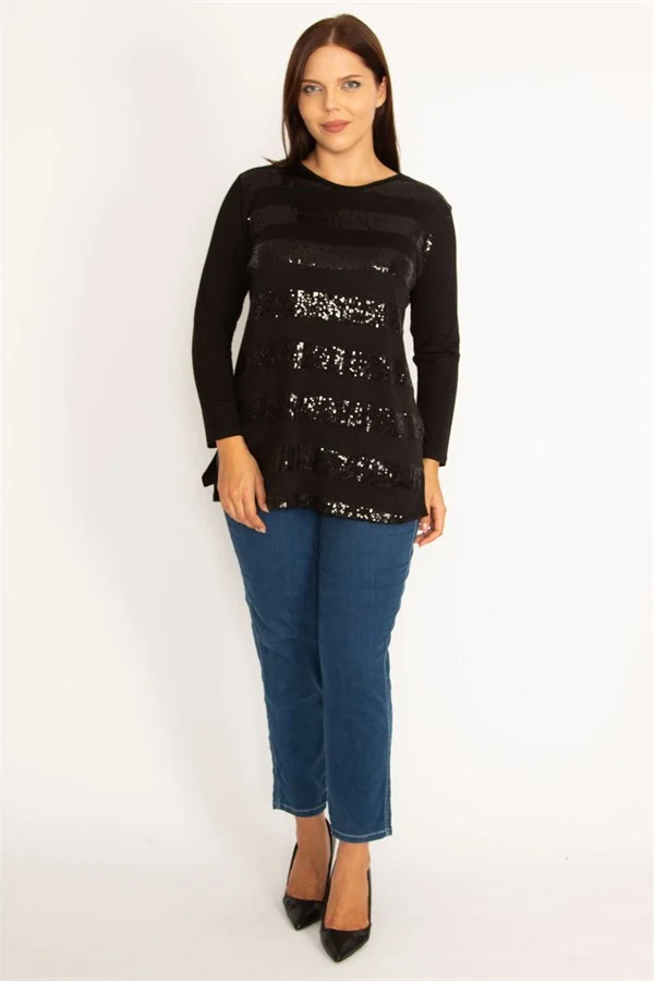 Kadın Siyah Önü Payet Detaylı Uzun Kollu Bluz 65N34724