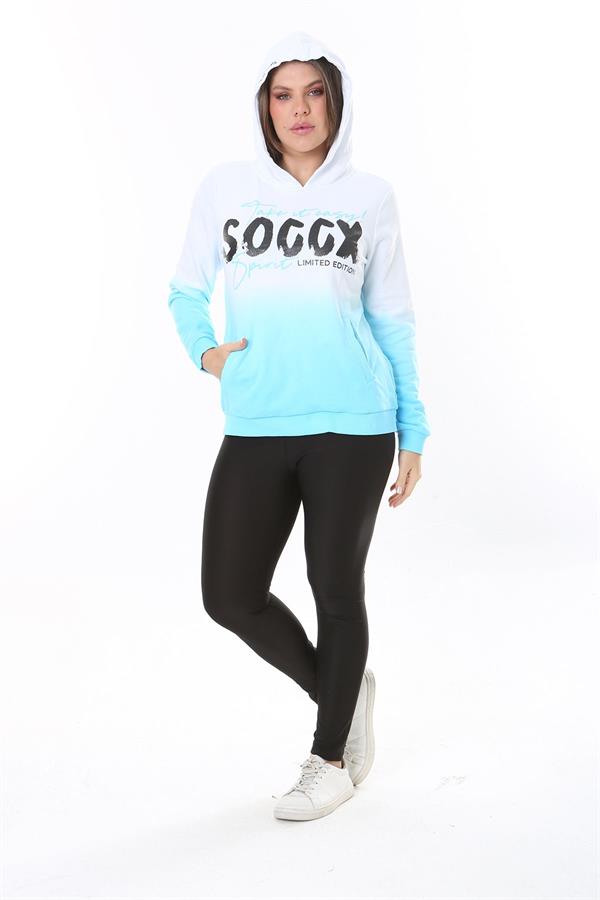 Kadın Büyük Beden Renkli İki İplik Sim Ve Ön Baskı Detaylı Kapşonlu Sweatshirt 65N37162