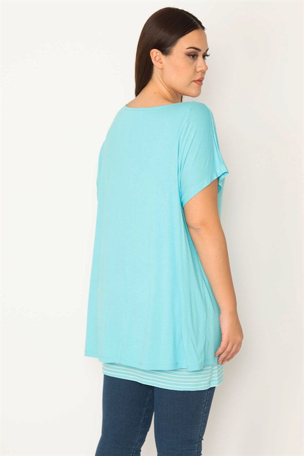 KADIN MAVİ İÇİ ÇİZGİLİ ATLETLİ DÜŞÜK KOLLU BLUZ