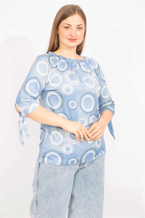 Kadın Mavi Büyük Beden Yaka Lastikli Kol Bağcıklı Bluz 65N35665