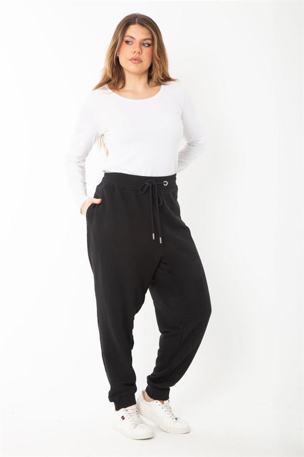 Kadın Büyük Beden Siyah Kuşgözü Bağcıklı Bel Ve Paçası Ribanalı Eşofman Pantolon 65N37398