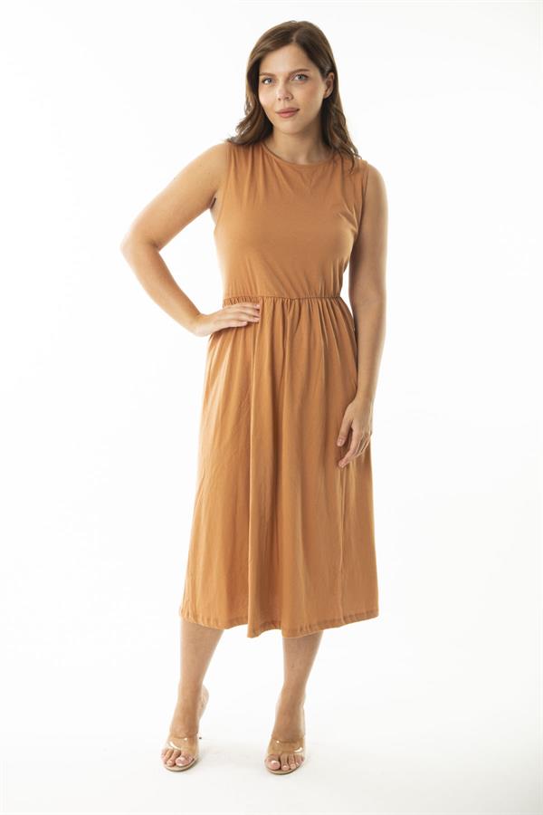 Kadın Büyük Beden Oranj Beli Lastik Detaylı Kolsuz Elbise 65N36903