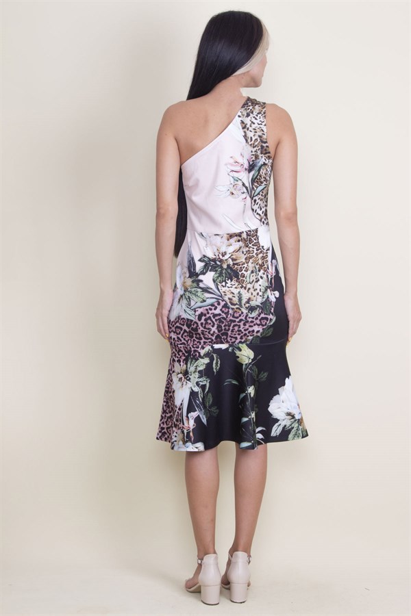 TEK OMUZ ÇİÇEK DESENLİ ELBİSE