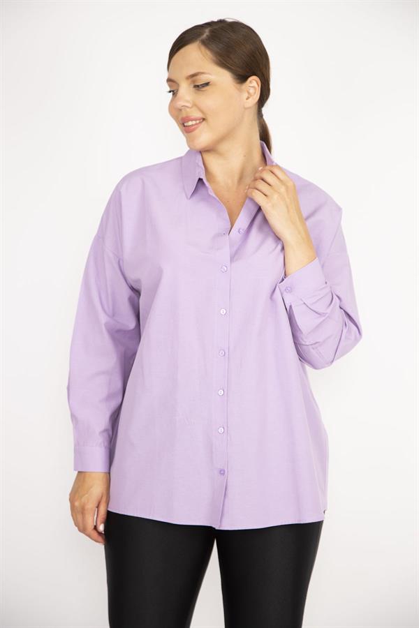 Kadın Büyük Beden Lila Ön Düğmeli Uzun Kollu Gömlek 65N36800