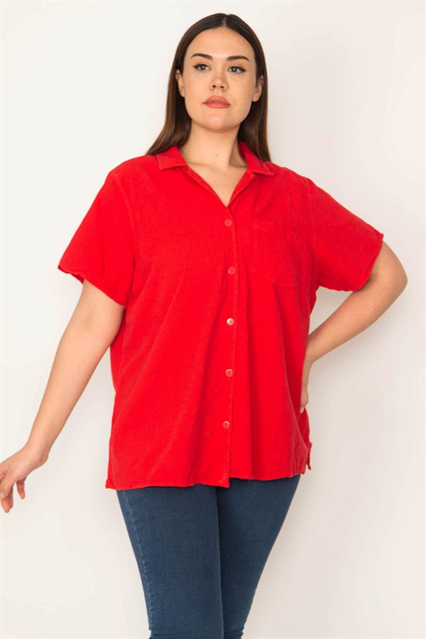 Kadın Kırmızı Apaşe Yaka Ön Düğmeli Kısa Kollu Gömlek 65N31391