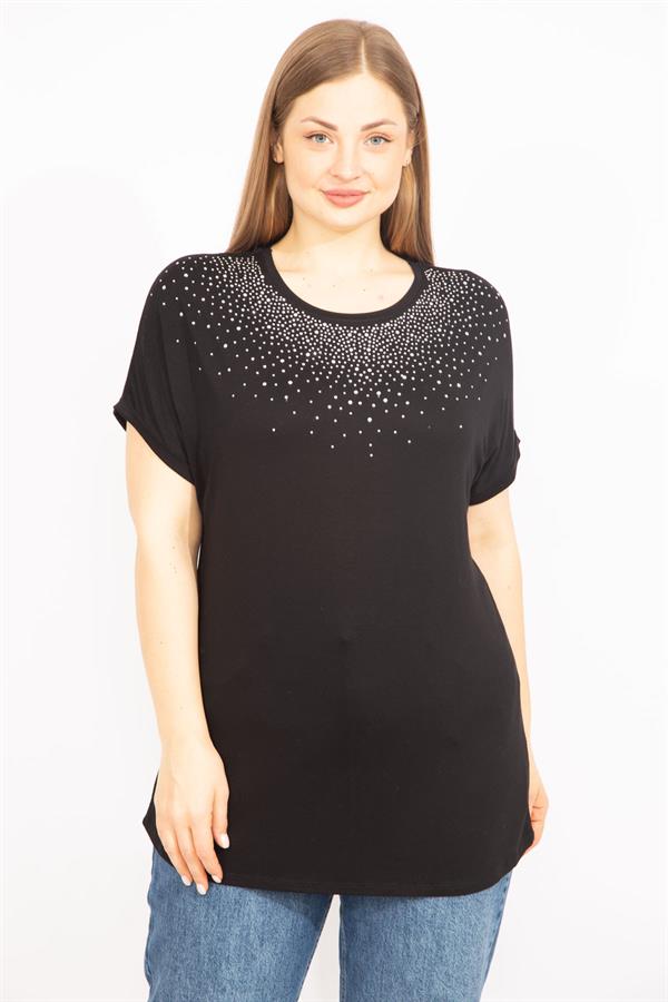 Kadın Mürdüm Büyük Beden Taş Detaylı Düşük Kol Bluz 65N35636