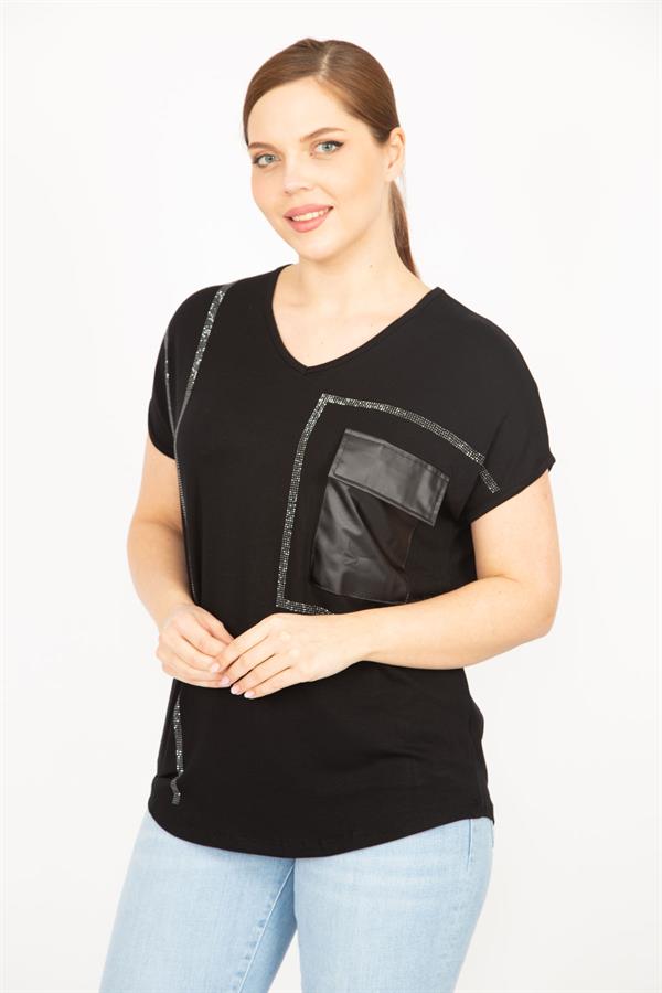 Kadın Siyah Büyük Beden Taş Ve Suni Deri Garnili Düşük Kollu Bluz
