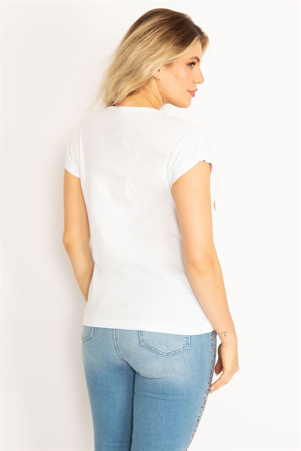 Kadın Beyaz Pamuklu Kumaş Ön Baskılı V Yakalı Bluz 65N34719