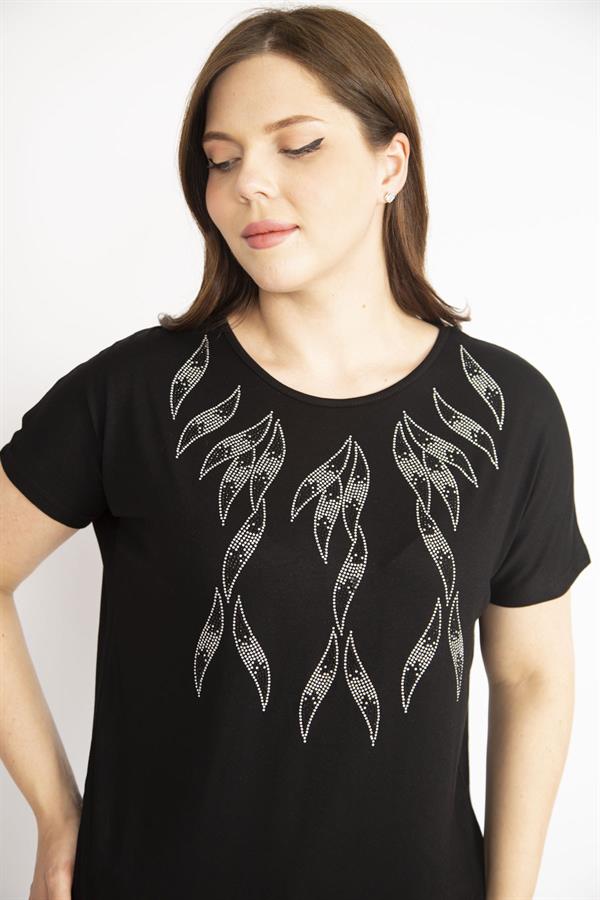 Kadın Siyah Büyük Beden Bisiklet Yaka Taş Detaylı Düşük Kollu Bluz