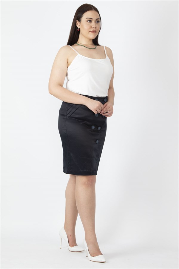 Kadın Lacivert Diagonal Saten Kumaş Düğme Detaylı Arka Bel Lastikli Etek 65N16670