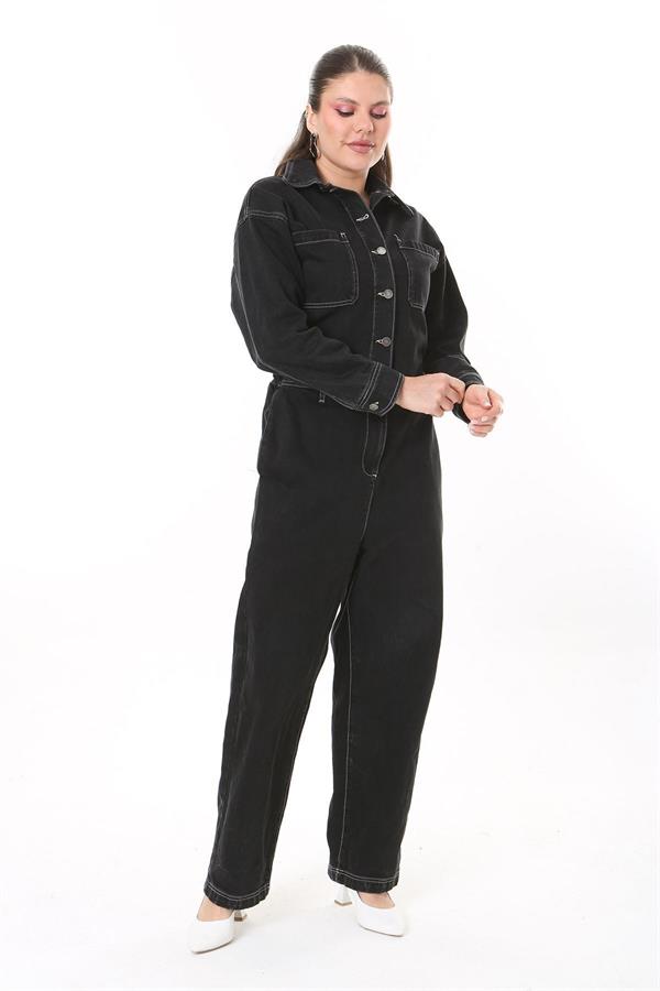 Kadın Büyük Beden Siyah Kontrast Dikişli Metal Düğmeli Kot Tulum 65N37723