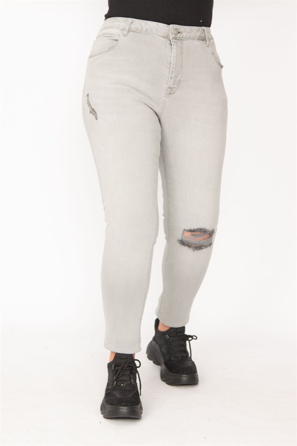 Kadın Gri Likralı Kot Yırtık Detaylı 5 Cepli Skınny Pantolon 65N29525