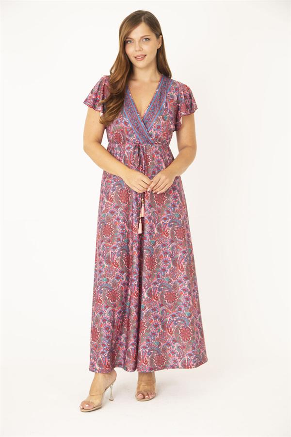 Kadın Büyük Beden Renkli Anvelop Yakalı Bel Bağcıklı Elbise 65N36878