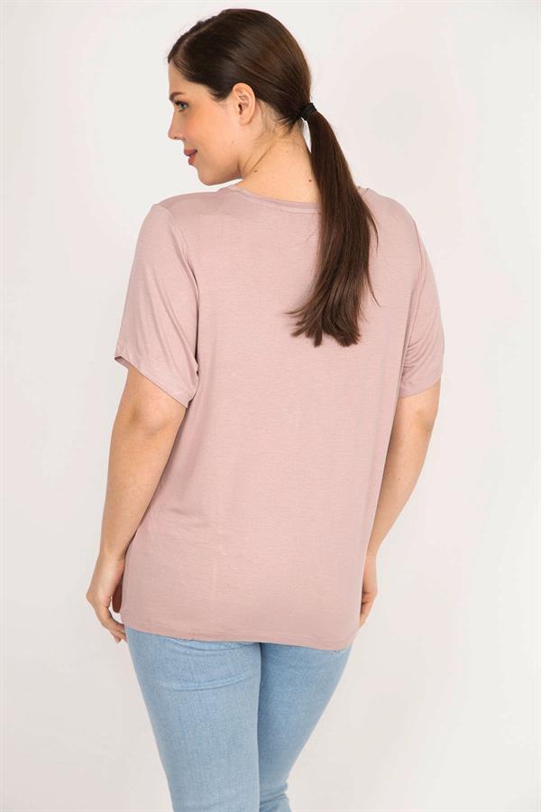 Kadın Pudra Büyük Beden Bisiklet Yaka Peto Cepli Bluz