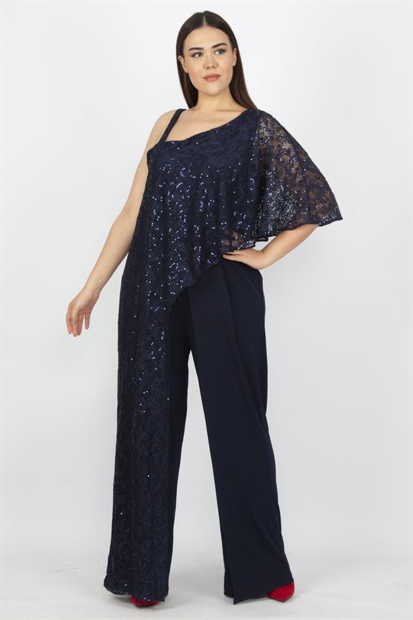Kadın Lacivert Dantel Detaylı Tulum 65N19614