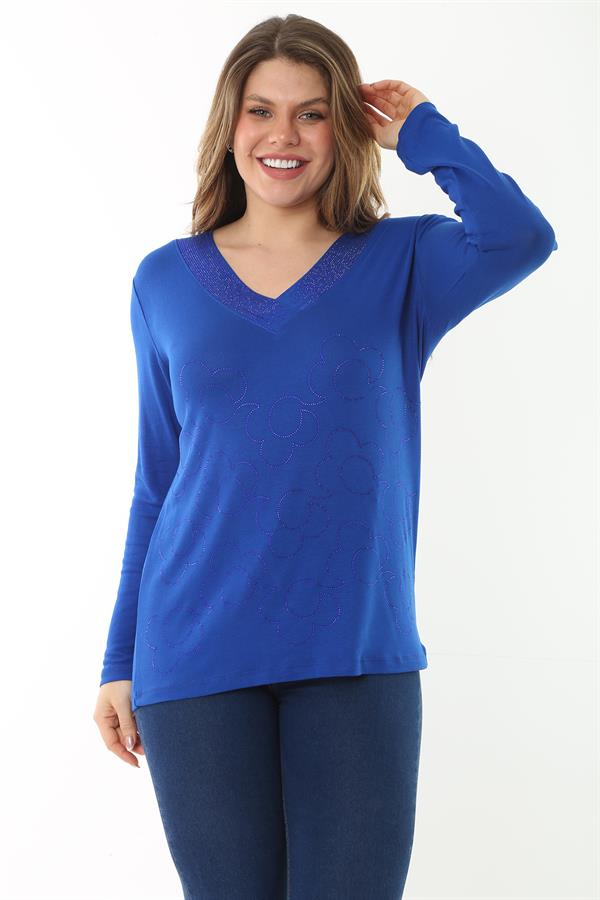 Kadın Büyük Beden Saks V Yakalı Taş Detaylı Uzun Kollu Bluz 65N37153