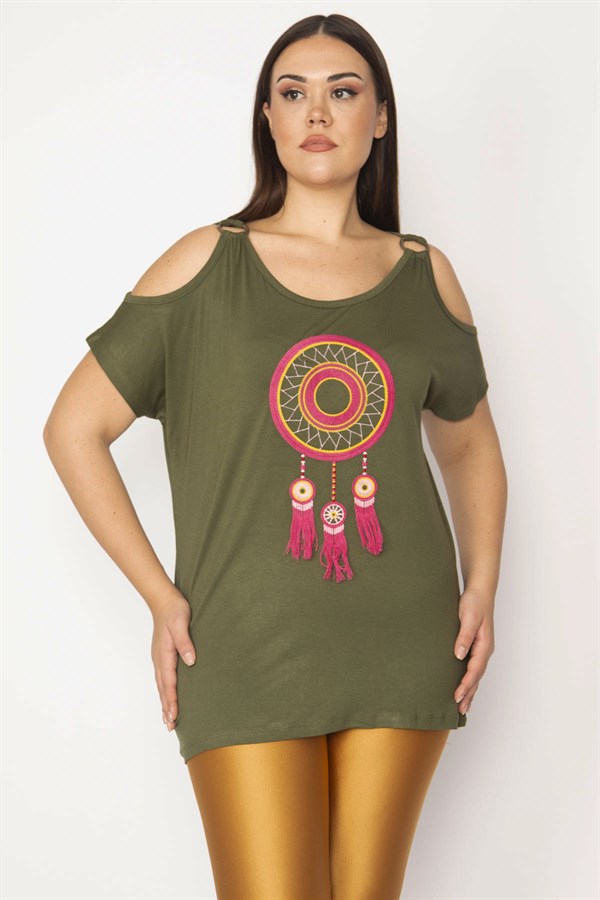 Kadın Haki Nakış Detaylı Omuz Dekolteli Viskon Bluz 65N29507