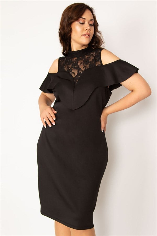 Kadın Siyah Dantel Ve Volan Detaylı Abiye Elbise