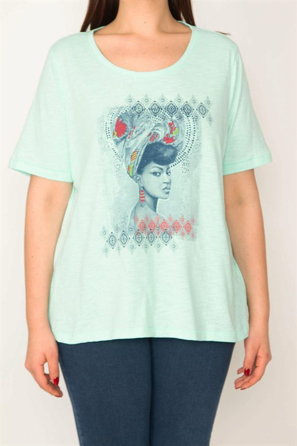 KADIN MİNT PAMUKLU KUMAŞ ÖN BASKILI KISA KOLLU BLUZ