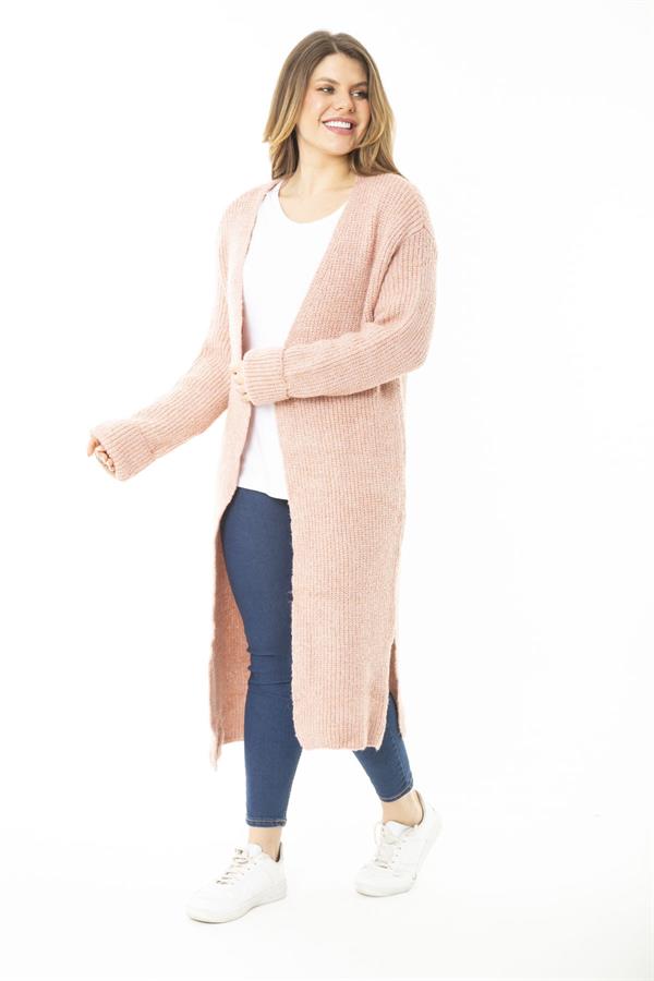 Kadın Büyük Beden Pembe Yırtmaçlı Kalın Triko Uzun Hırka 65N37139