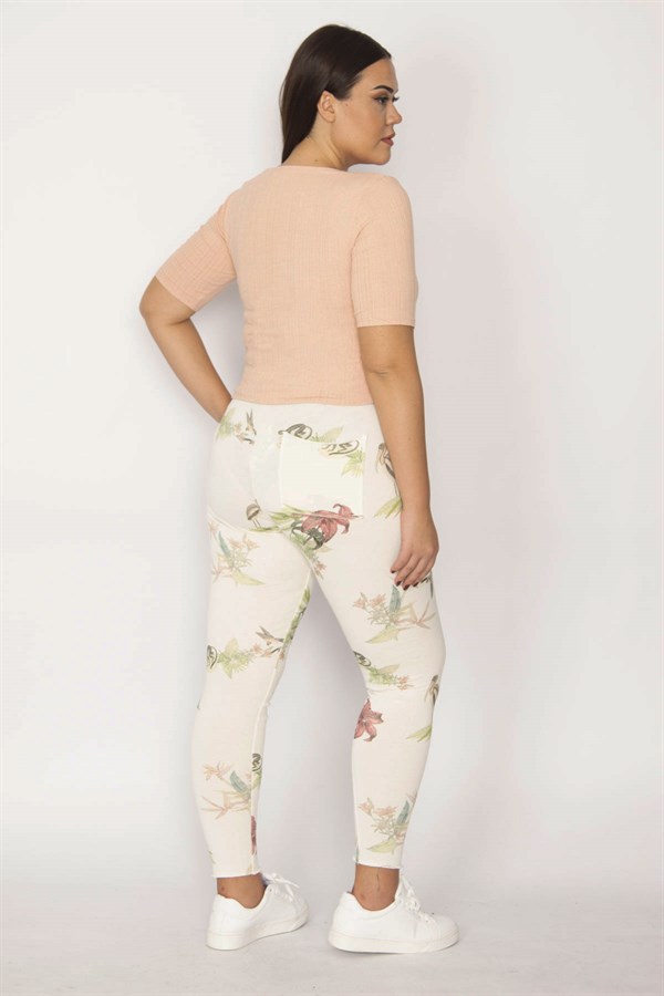 Kadın Bej Pamuklu Kumaş Desenli Tayt Pantolon 65N29873